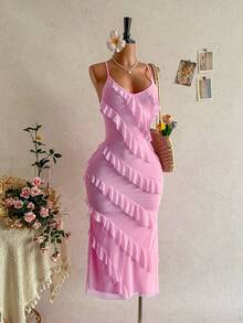 Soleia Đầm dự tiệc cưới phong cách miền Tây, dự lễ tốt nghiệp, tiệc brunch, thích hợp cho mùa Xuân/Hè, đi nghỉ mát, lễ Phục Sinh, các lễ hội âm nhạc, kiểu dáng boho nhiệt đới thanh lịch, ngày Valentine, tiệc tùng, mùa cưới, hở lưng, buộc dây, màu hồng, chất liệu lưới dành cho nữ. - Hồng - Xem 5