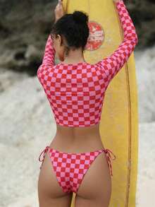 Swim SPRTY 2pcs Women's Plaid Print Long Sleeve Vest Suit, Beach Vacation Outfit, Spring/Summer Long Sleeve Bathing Suit Long Sleeve Bikini Set Long Sleeve Checkered Bikini Checkered Bikini Checkered Bathing Suit Modest 2 Piece Swimsuit - Pink - View 2