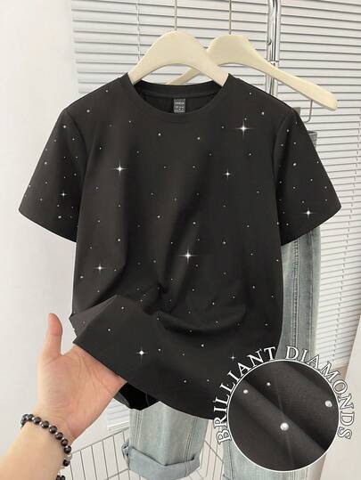 SHEIN LUNE Women's Casual Solid Color Rhinestone Embellished Round Neck Short Sleeve T-Shirt, Suitable For Daily Wear, Autumn