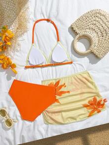 Tropical Print Tween Girl Bikini Sets - Yellow - View 2