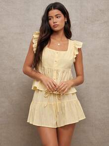 WESTFADE 100% 条纹刺绣棉质方领纽扣前襟荷叶边袖蝴蝶结后背褶裥上衣和抽绳腰带层叠短裤女士两件套 - 黃色 - 查看 2