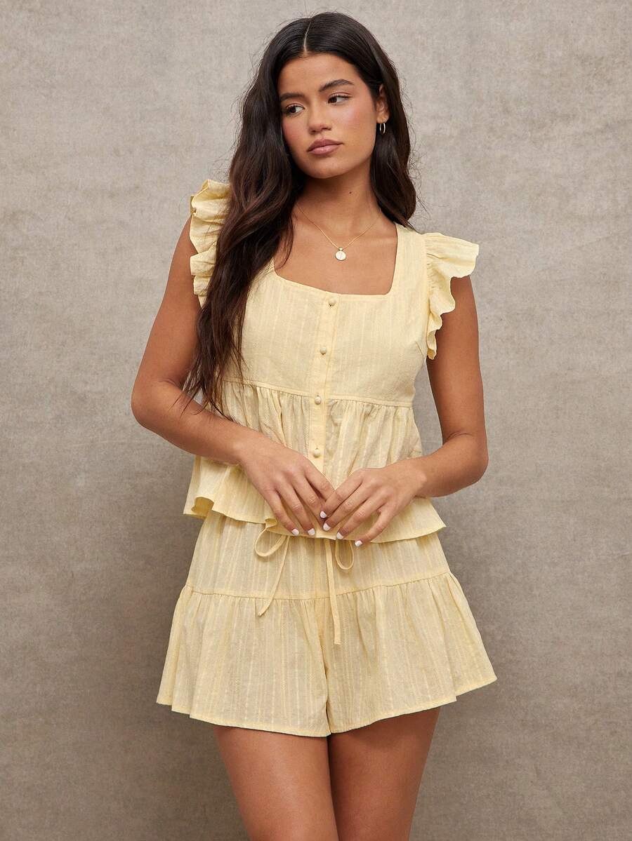 WESTFADE 100% 条纹刺绣棉质方领纽扣前襟荷叶边袖蝴蝶结后背褶裥上衣和抽绳腰带层叠短裤女士两件套 - 黃色 - 查看 1