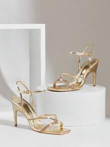 SHUZIA Women's Elegant Minimalist Square Toe Rhinestone Ankle Strap Stiletto Heel Sandals - Gold - View 6