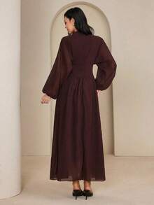 Graceveil 女士高领褶皱喇叭袖连衣裙 - 咖啡 - 查看 2