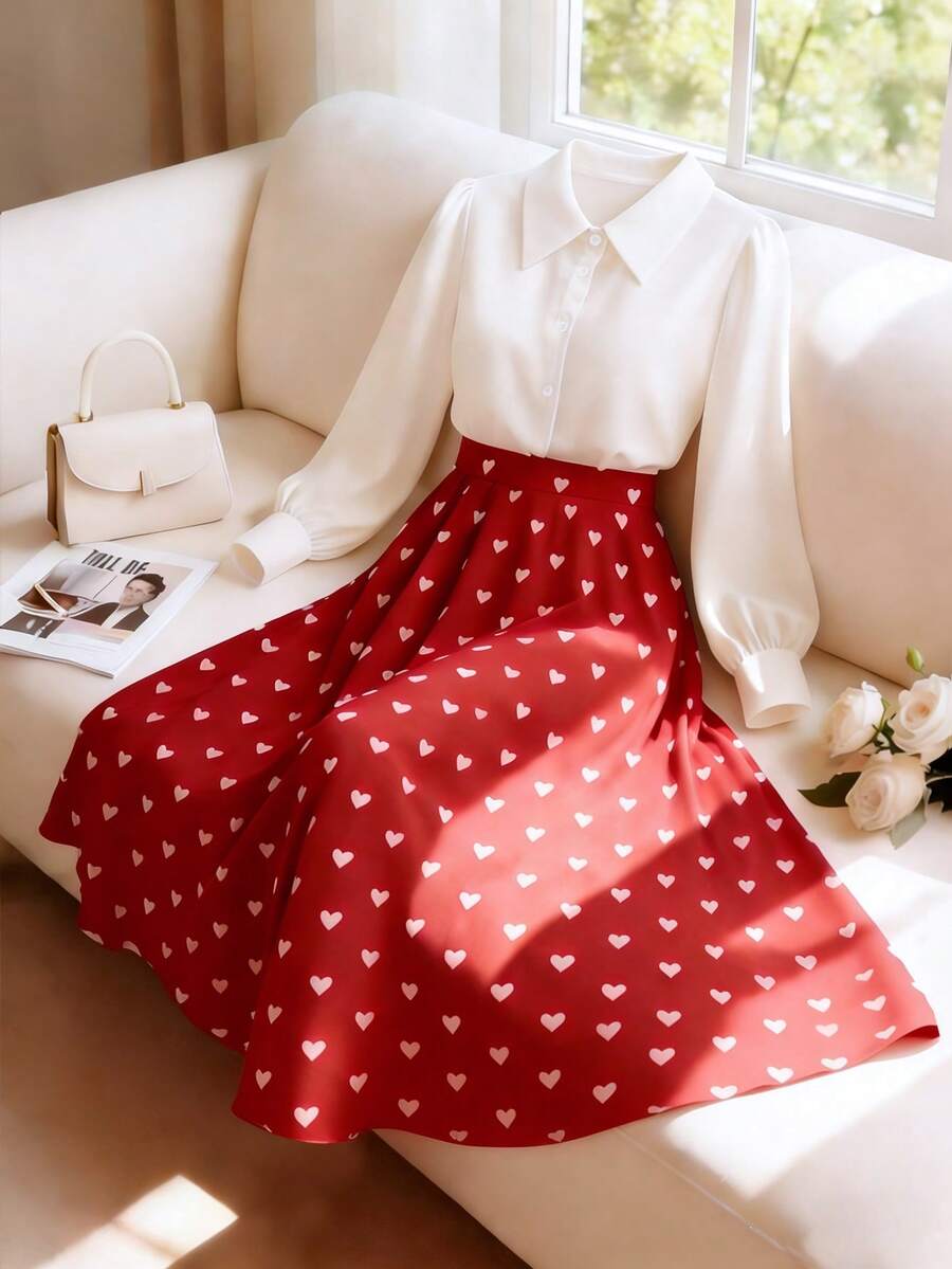 GlowEve CURVE Conjunto de 2 piezas de blusa de manga larga elegante y romántica con falda con forma de corazón para mujer - Multicolor - Ver 1