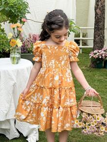 SHEIN LMoss Kids Young Girls' French Elegant Ditsy Floral Puff Sleeve Dress - Multicolor - View 4