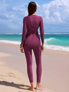 Swim Shayni Women's Long-Sleeve Belted Twist Front Dress And Solid Slim Pants Burkini Set , Stylish Vacation Modest Swimwear Set - Maroon - View 2