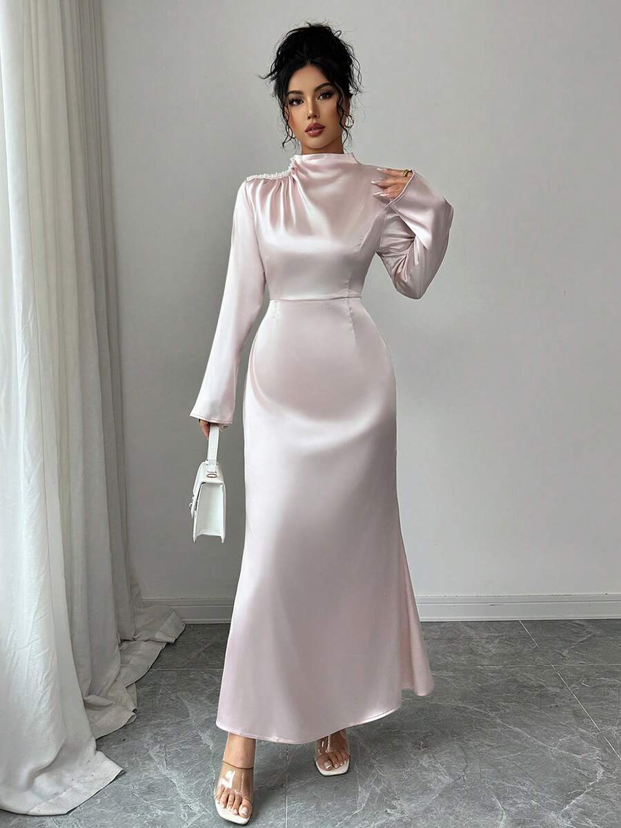 Rafferiza 女士优雅串珠缎带褶皱长裙 - 淺粉色 - 查看 1