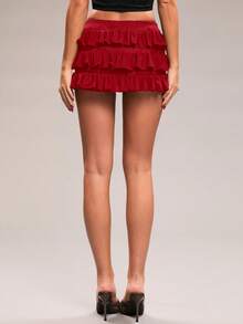SHEIN BAE Women's Solid Color Elegant Mini Skirt, Suitable For Date Night, Nightclub, Girlfriend Gathering, Birthday Party, Holiday Party, Valentine's Day, Floral Sexy Lace Layered Ruffle Hem Mini Skirt/Tiered Ruffle Mini Skirt, Valentine's Day Mini Skirts, Party Women Skirt - Red - View 2