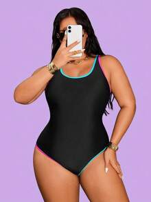 Shapewave Áo tắm một mảnh gợi cảm dành cho nữ cỡ lớn, màu trơn, chất liệu vải dệt kim, dây mảnh, hở lưng, dây chéo. - màu đen - Xem 4