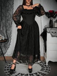 SHEIN Whyspr 大码暗黑哥特风方领收腰A字蕾丝连衣裙 - 黑色 - 查看 5