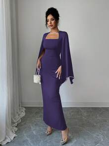 Elenzga Vestido ajustado con decoración de perlas elegante y refinado para mujeres - Bold Plum - Ver 4