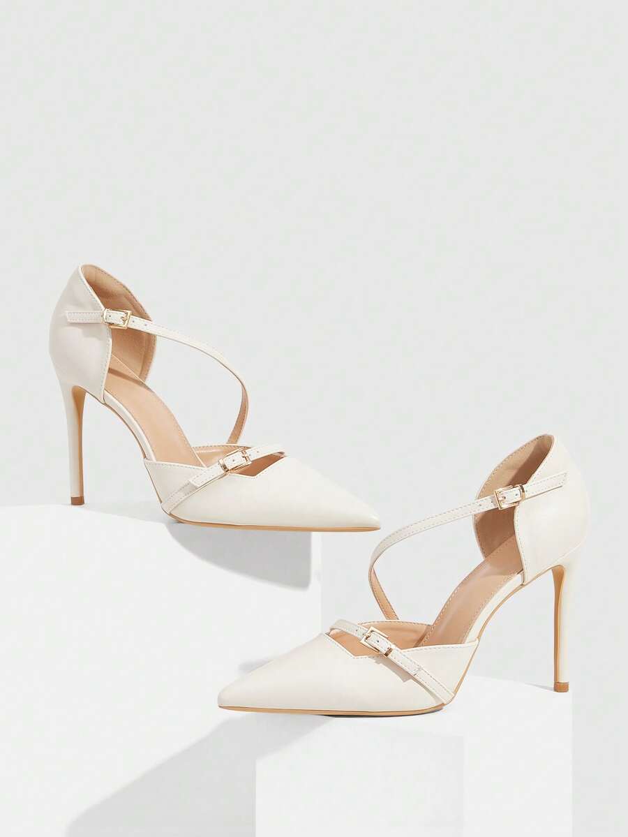 CUCCOO SZL Women's Pointed Toe Stiletto Heels Ankle Strap Hollow Out Pumps, Sexy & Fashionable, Suitable For Christmas Party Valentine's Day - Beige - View 1