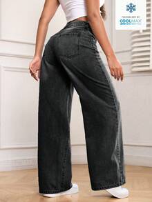 SHEIN PETITE Quần jeans ống đứng dáng thường ngày cho nữ, kiểu dáng wash. - màu đen - Xem 2