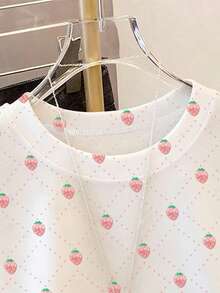 Resyla 女士时尚休闲落肩圆领T恤，草莓印花T恤，草莓数码印花T恤，休闲舒适户外T恤，四季皆宜T恤，水果T恤 - 白色 - 查看 4