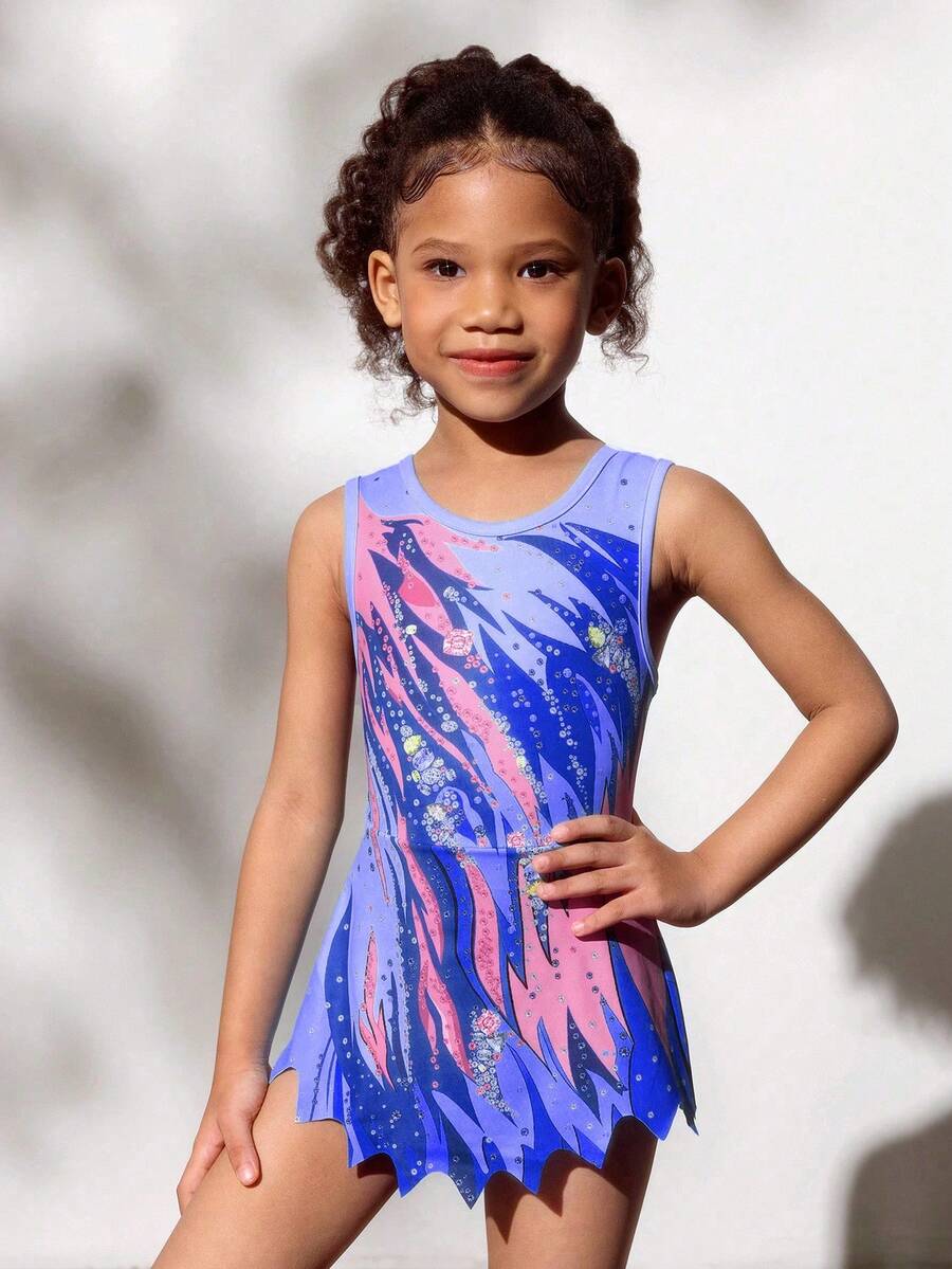 SHEIN 女童无袖印花韵律体操运动服，舒适亲肤，贴身设计防止走光，适合学校舞蹈比赛，四季皆宜，秋冬季均可穿着。 - 紫色 - 查看 1