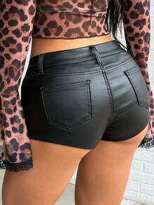 Jeanoix Y2K 时尚休闲低腰仿皮涂层迷你短裤 - 黑色 - 查看 2