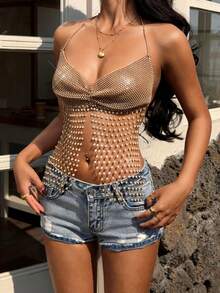 EgrlEra Women's Rhinestone Fishnet Spaghetti Strap Camisole, Sexy Sheer Sparkly, Suitable For Music Festivals, Carnivals, And Parties - Champagne - View 5