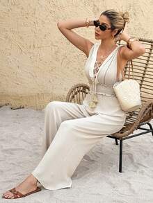 SHEIN Frenchy Women's Casual Tie-Front Sleeveless Jumpsuit - Apricot - View 7