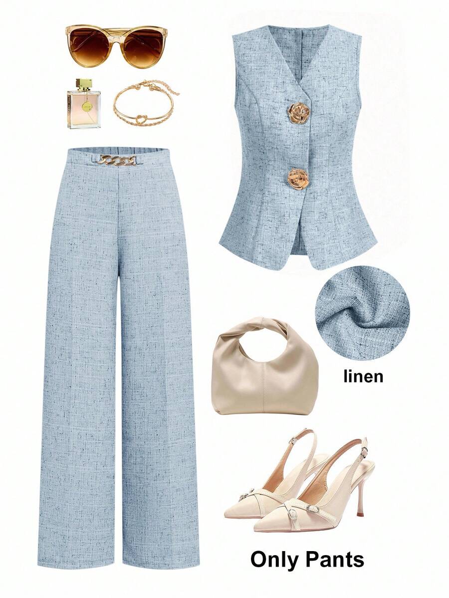 Ellevyn Quần kaki ống rộng dáng suông thanh lịch dành cho nữ, thích hợp mặc đi làm, công sở, đa năng, cổ điển, cạp cao với điểm nhấn kim loại vàng. - Màu xanh nhạt - Xem 1