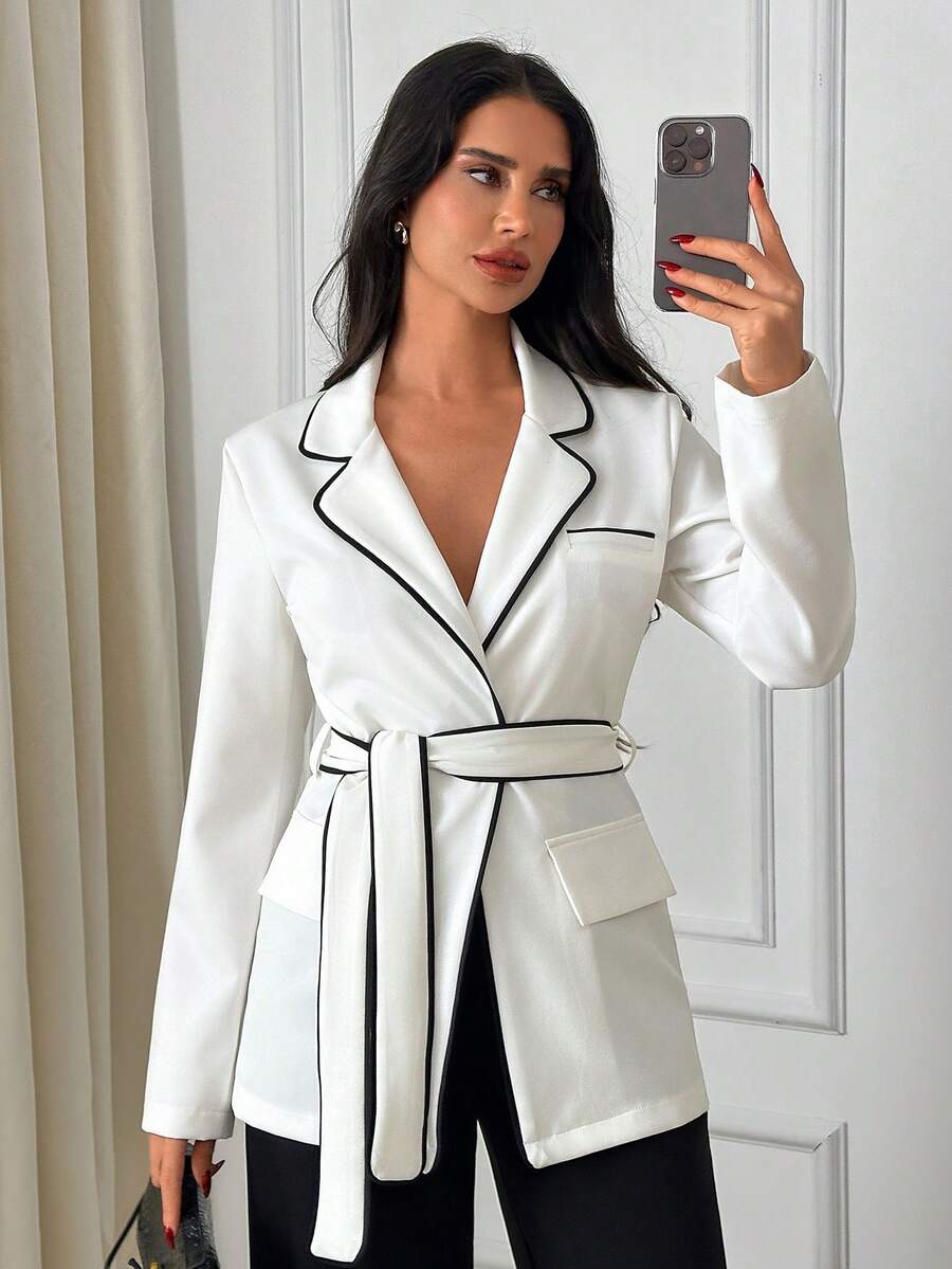 SHEIN Women Solid Color Belted Detailed Blazer Jackets - White - View 1