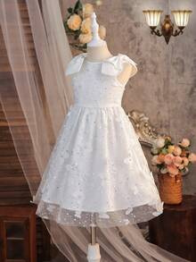 SHEIN Young Girl Elegant Floral Bow Tie Waist Sleeveless White Dress, Princess Dress, Casual Everyday Wear, Wedding Season Dress, Valentine's Day, Flower Girl Dress - White - View 6