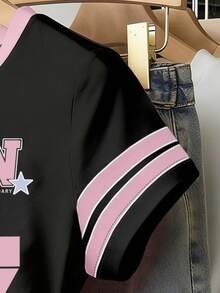 少女黑粉撞色数码印花收腰T恤，休闲百搭上衣 - 彩色 - 查看 3