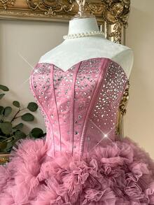 Lovelzi Elegant And Glamorous Light Pink Satin And Mesh Trim, Heavily Embellished With Rhinestones, Peach-Shaped Neckline, Multiple Boning Details, A-Line Silhouette With Wavy Pleats, Short Length. Perfect For Dates, Parties, Singles, Music Festivals, Afternoon Tea, Or As A Formal Ball Gown.,Wedding Party Dress - Baby Pink - View 3