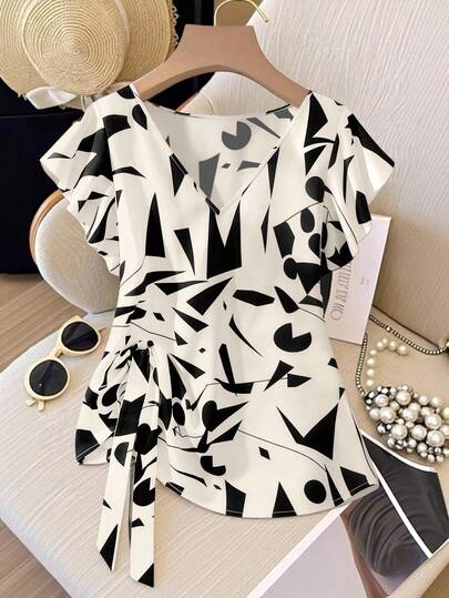 GlowEve CURVE Plus Size Women Casual Versatile New Knotted V-Neck Asymmetrical Blouse, Spring/Summer