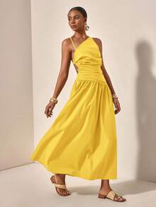 Zivah 新款休闲度假风不对称镂空露背交叉绑带连衣裙 - 鵝黃色 - 查看 3