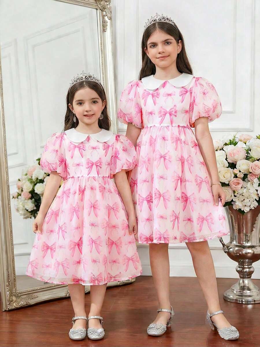 SHEIN 少女優雅蝴蝶結圖案花瓣袖公主裙 - 粉色 - 查看 1