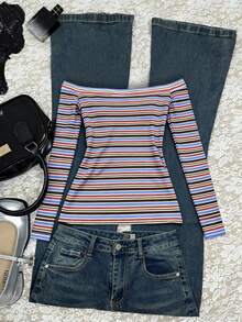 Rina Fox Casual Striped Off-Shoulder Numeric Print T-Shirt, Spring/Autumn - Multicolor - View 2