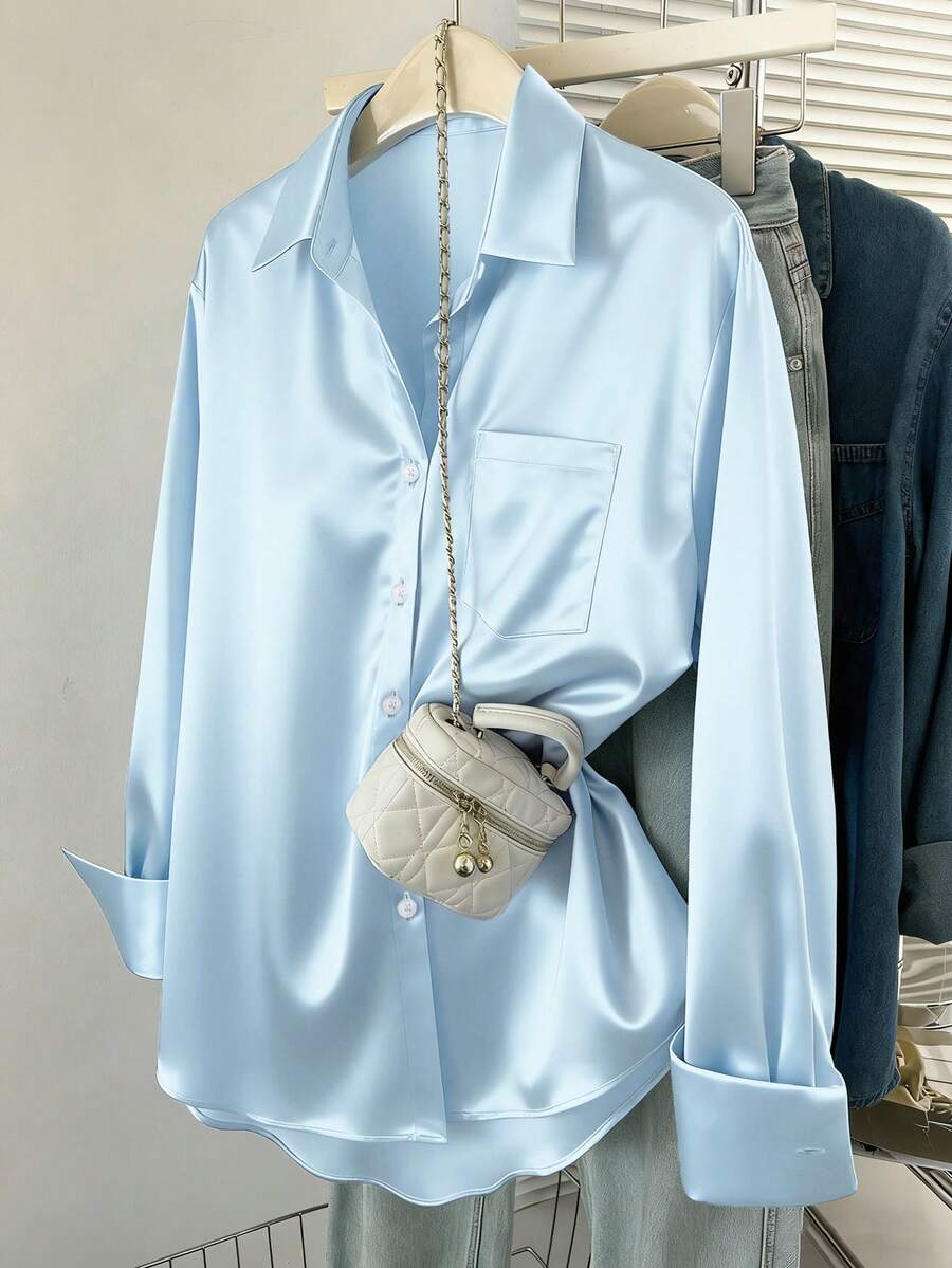 INAWLY Women's Solid Color Front Button Pocket Casual Long Sleeve Shirt - Baby Blue - View 1