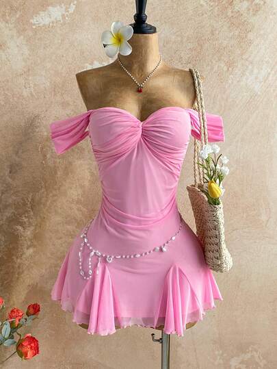 Soleia Women's Solid Color Off Shoulder Twist Knot Design Fashionable Pleated Mini Dress