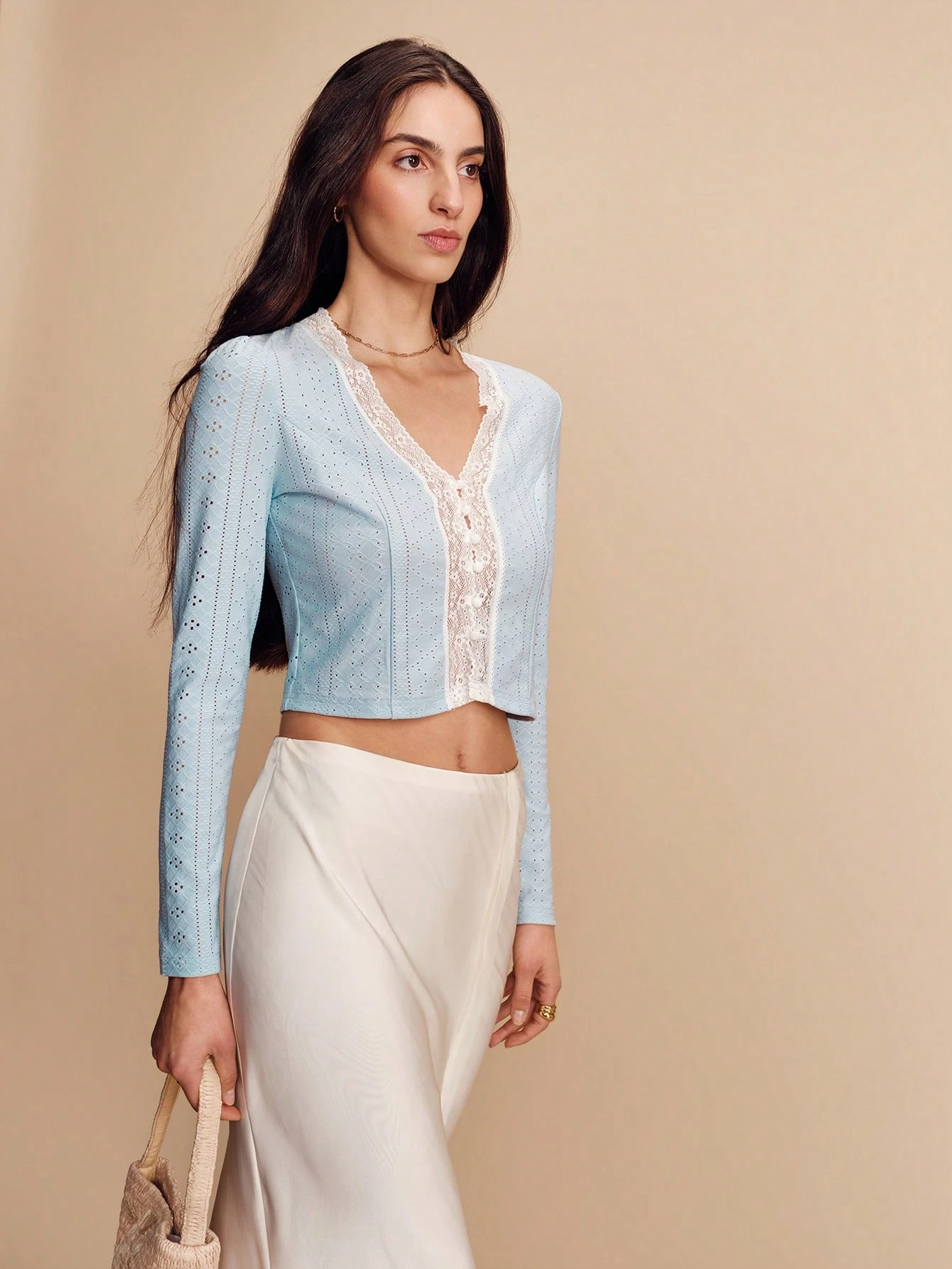 Sky Blue Stretch Broidery Anglaise Long Sleeve Top With Lace Trim Detail And Button Front Opening Cute Spring Summer Vintage Style French Style Parisian Style