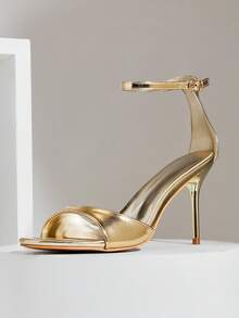 SHUZIA Women's Elegant Minimalist Round Toe Ankle Strap Stiletto Heel Sandals - Gold - View 6