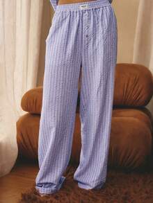 Aralina Bộ đồ ngủ 2 món kẻ sọc, cổ áo xếp ly, tay dài, tay phồng, cài cúc, gồm áo sơ mi và quần dài ống rộng, bộ đồ ngủ Giáng sinh dễ thương và ấm áp. - Màu Lilac Tím - Xem 8