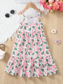 Elladie kids Robe mi-longue à bretelles fines avec imprimé floral élégant et confortable, décoration papillon, pour jeune fille - Rose bonbon - Voir 2