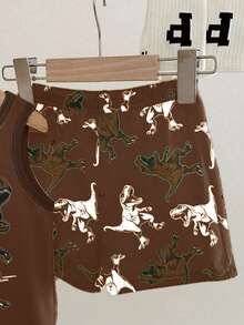 Baby Boy Casual Soft Comfortable Stylish Cartoon Dinosaur Print Sleeveless Round Neck Tank Top And Dinosaur Silhouette Print Shorts Set, Suitable For Spring/Summer - Multicolor - View 5