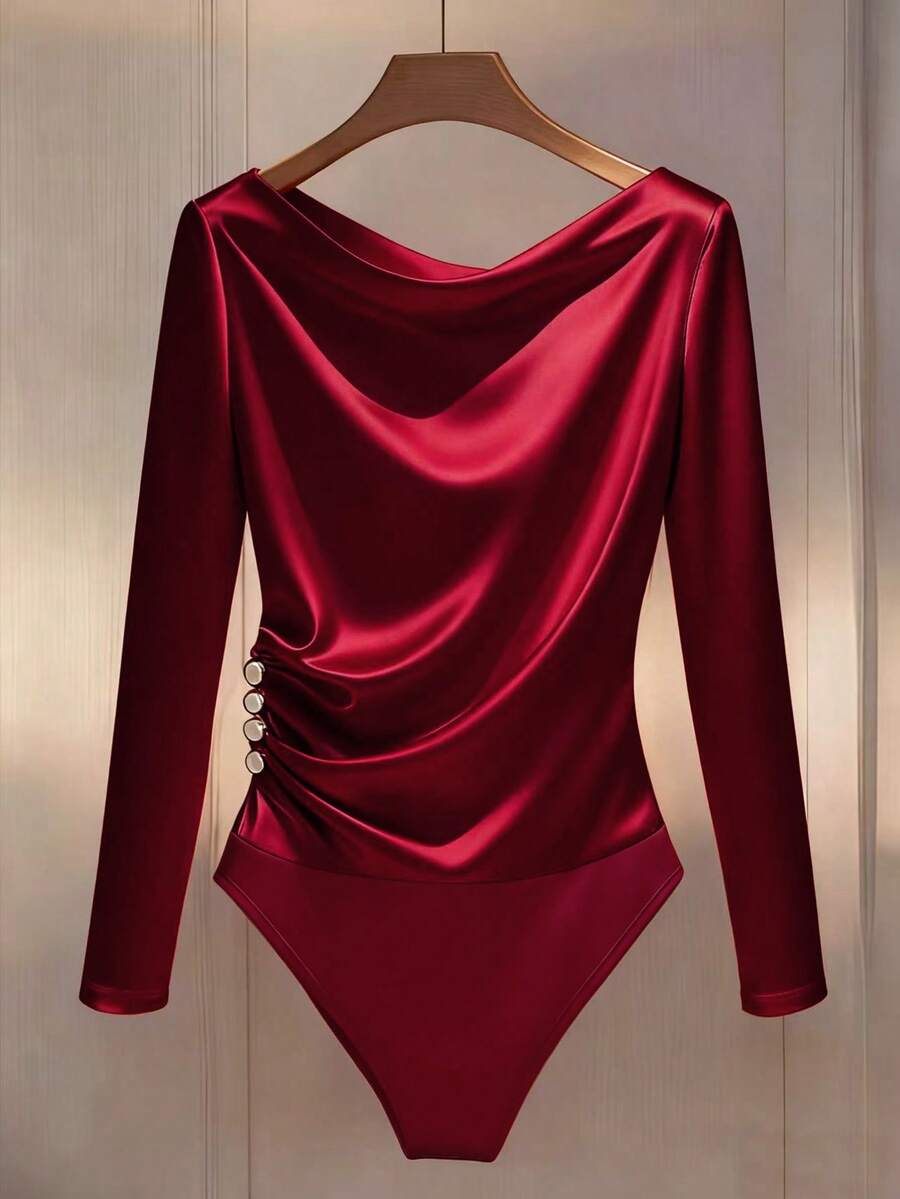 Franclia 女士简约长袖侧边纽扣装饰修身连体衣，适合通勤 - 酒紅色 - 查看 1