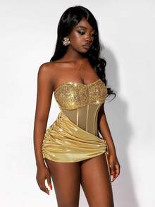 Amplova 女士性感系带迷你连衣裙，亮片拼接裹身裙摆，性感时尚，适合派对和夜店穿着。 - 金色 - 查看 10