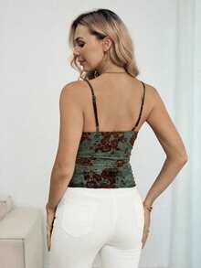 GlowEve Camiseta ajustada de mujer con cuello drapeado y estampado floral - Verde Oscuro - Ver 2