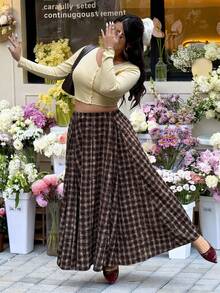 SHEIN EZwear 大码复古长款格子棕色休闲裙 - 棕色 - 查看 5