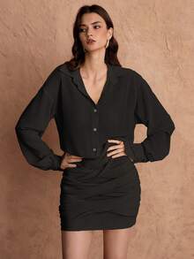 SHEIN Unity 女士休闲宽松纯色褶裥长袖衬衫裙，春秋季 - 黑色 - 查看 6