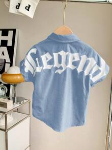 SHEIN 1pc Young Boys Casual Comfortable Versatile Letter Graphic Batwing Sleeve Shirt, Suitable For Spring/Summer - Dusty Blue - View 5