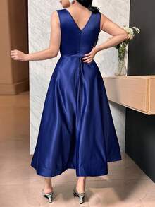Feyla Vestido elegante de longitud media sin mangas con decoración de rhinestones de unicolor para mujer - Azul - Ver 2