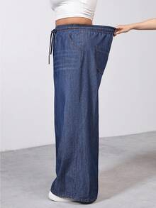 SHEIN PETITE CURVE PETITE Plus Size Summer And Spring Woman's Solid Color Mid-Waist Elastic Waist Drawstring Straight Loose Versatile Denim Jeans - Dark Wash - View 3
