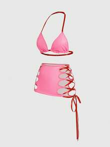 ROMWE Goth 暗黑哥特朋克粉色PU系带文胸、丁字裤和紧身迷你裙性感内衣套装 - 粉色 - 查看 5