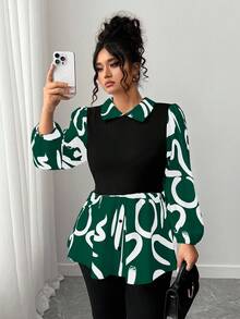 Elenzga Camisa Plus Size Casual para Uso Diário com Mangas Lanterna - Verde - Ver 1