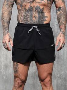 Manfinity Sport Corelite 男士夏季休闲抽绳腰斜插口袋透气运动短裤 - 黑色 - 查看 5